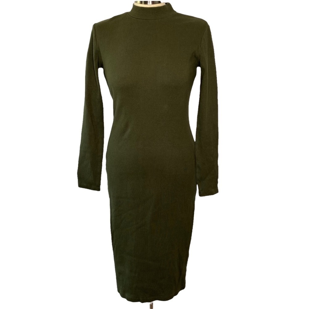 Catherine Malandrino Kristiana Olive Green Ribbed Long Sleeve Dress
